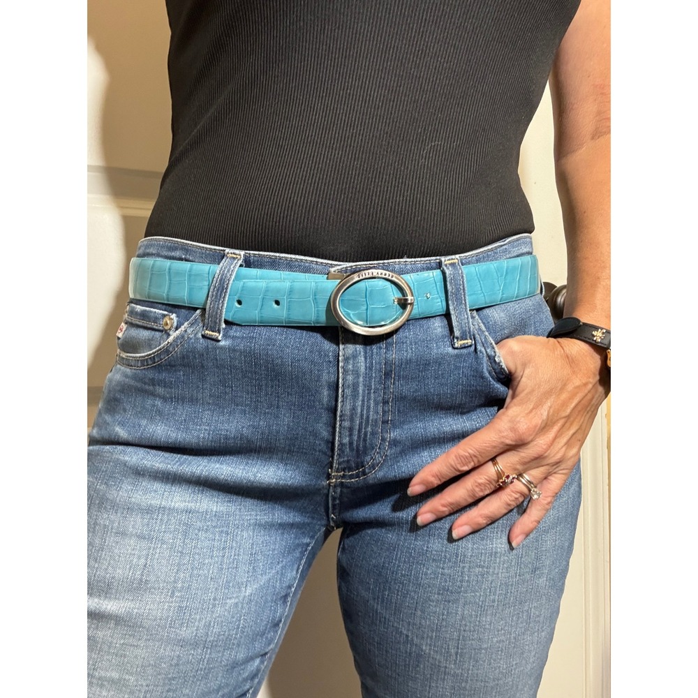 Perry Ellis Reversible Belt Turquoise Blue Tan Croc Embossed Silver Oval Buckle